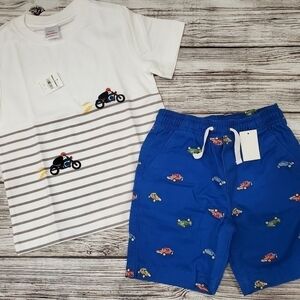 Hanna Andersson Embroidered T-Shirt and Shorts Race Cars Summer Set NWT